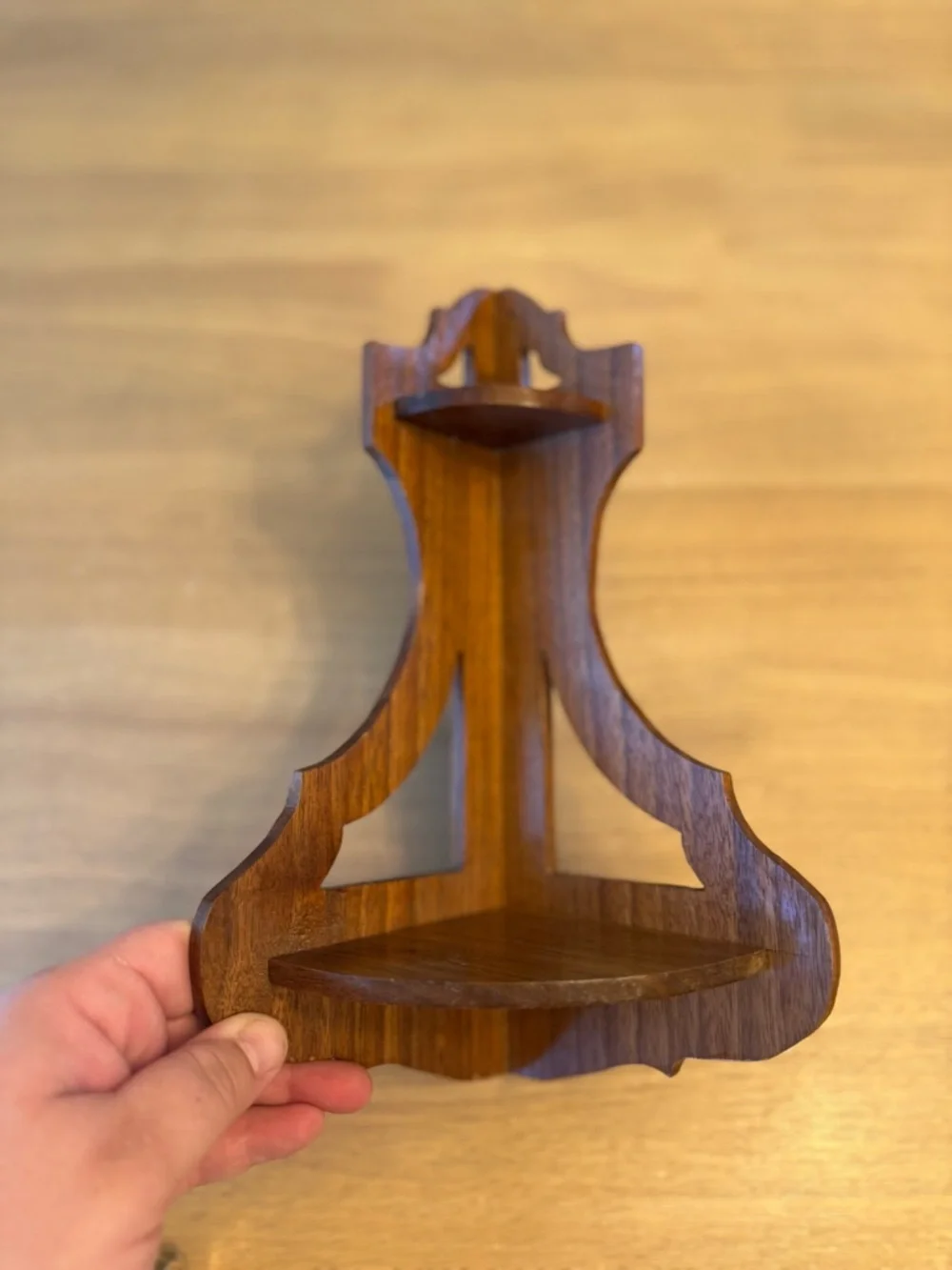 Vintage small wooden decorative corner display shelf